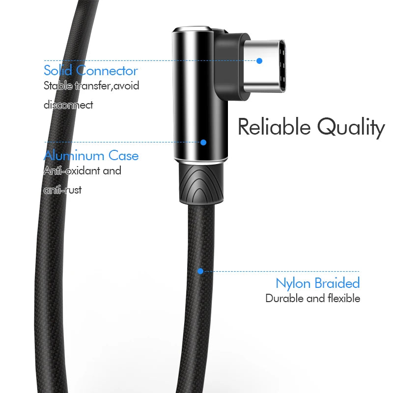 1 2 3m 90 Degree Fast Charge Data Type C Cable for Samsung S21 S20 Ultra Plus Huawei Xiaomi Oneplus Android Mobile Phone Cables