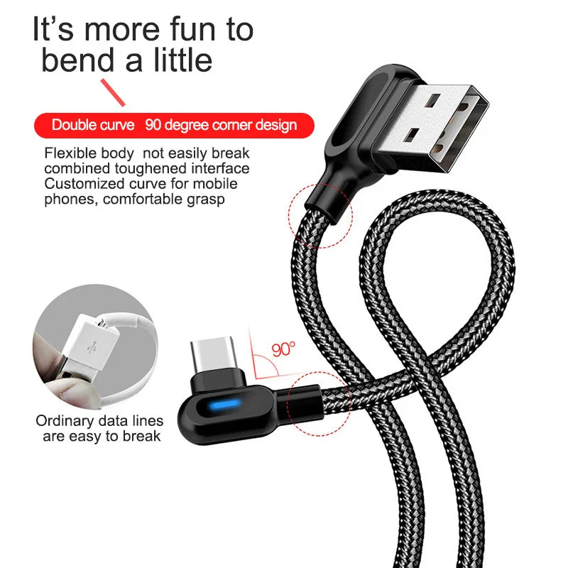 OLAF USB Type C Cable Fast Charging 90 Degree USB C Cable For Samsung S8 S9 S10 Xiaomi Mobile Phone Charger Micro Usb Cables