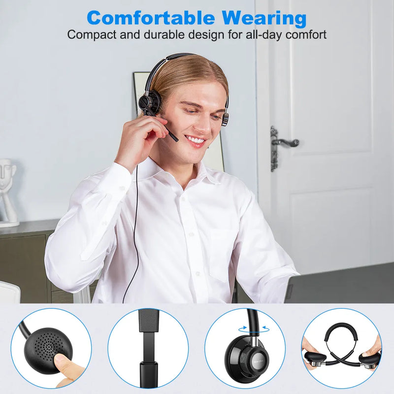 New Bee USB Headset with Mic Mute for PC 3.5mm Business Headphones with Rotatable Microphone Noise Cancelling for Call Center