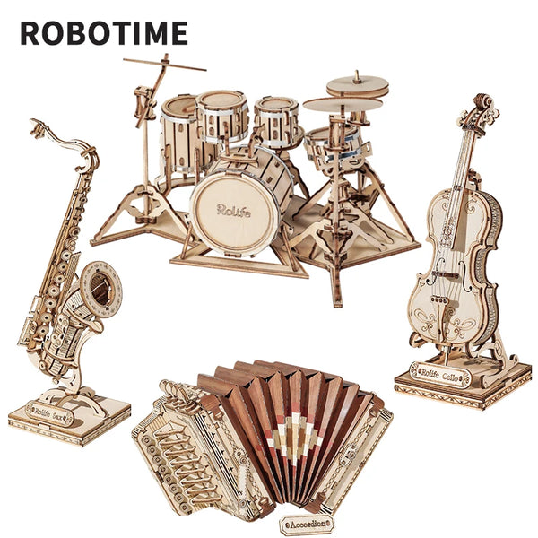 Robotime Rolife 3D Wooden Puzzle Games Saxophone Drum kit Accordion Cello Model Toys for Children Kids Birthday Gifts