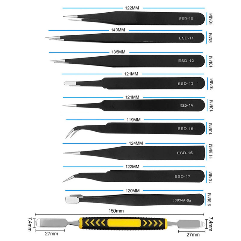 ESD Industrial Tweezers Set Anti-Static Stainless Steel Curved Pointed Tweezers Kit Electronic Repair DIY Maintenance Hand Tools