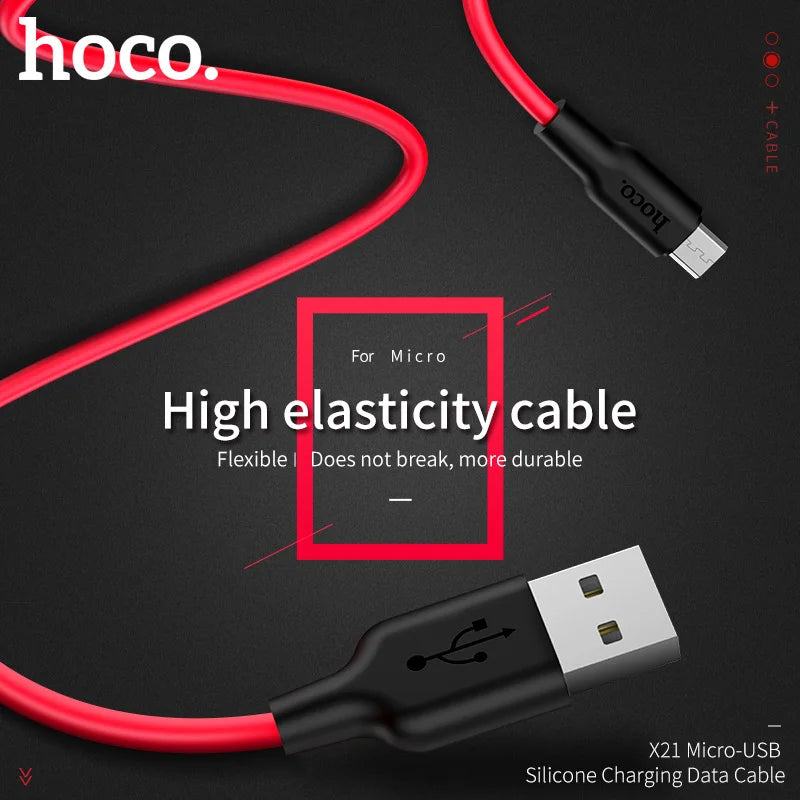 HOCO Silicone Micro USB Cable 2m 1m 5V2A Fast Charger USB Data Cable For Samsung Xiaomi Huawei Mobile Phone Cables  for Android