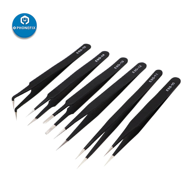 6pcs ESD Tweezers Set Stainless Steel Precision Repair Tweezers Maintenance Tools for Electronic Mobile Phone Repair Tools Kit