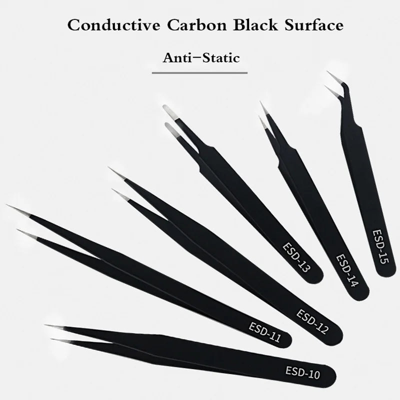 Precision ESD Tweezers set Anti-static Stainless Steel Phone Repair Tools Electronics Eyebrow DIY Curved Straight Tweezers