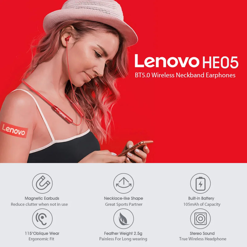 Original Lenovo HE05 Bluetooth 5.0 Wireless Headset Magnetic Neckband Sports Running Earphone Earplug Waterproof Noise Canceling