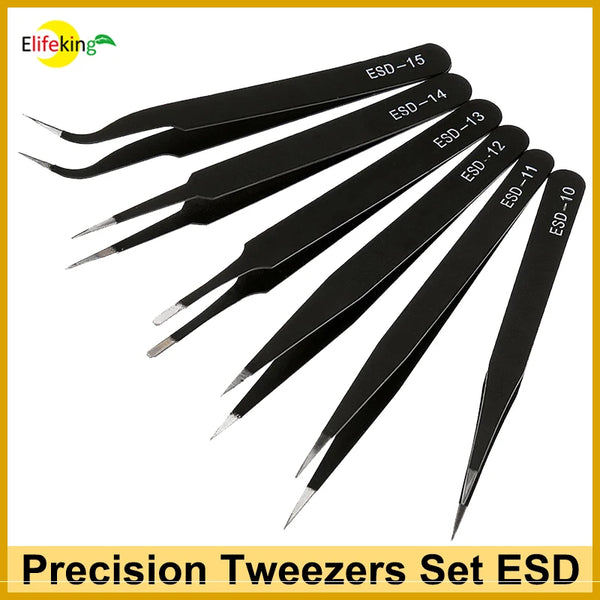 6Pcs Precision Tweezers Set ESD Anti-Static Stainless Steel Tweezers Repair Tools for Electronics Repair Soldering Craft Tools