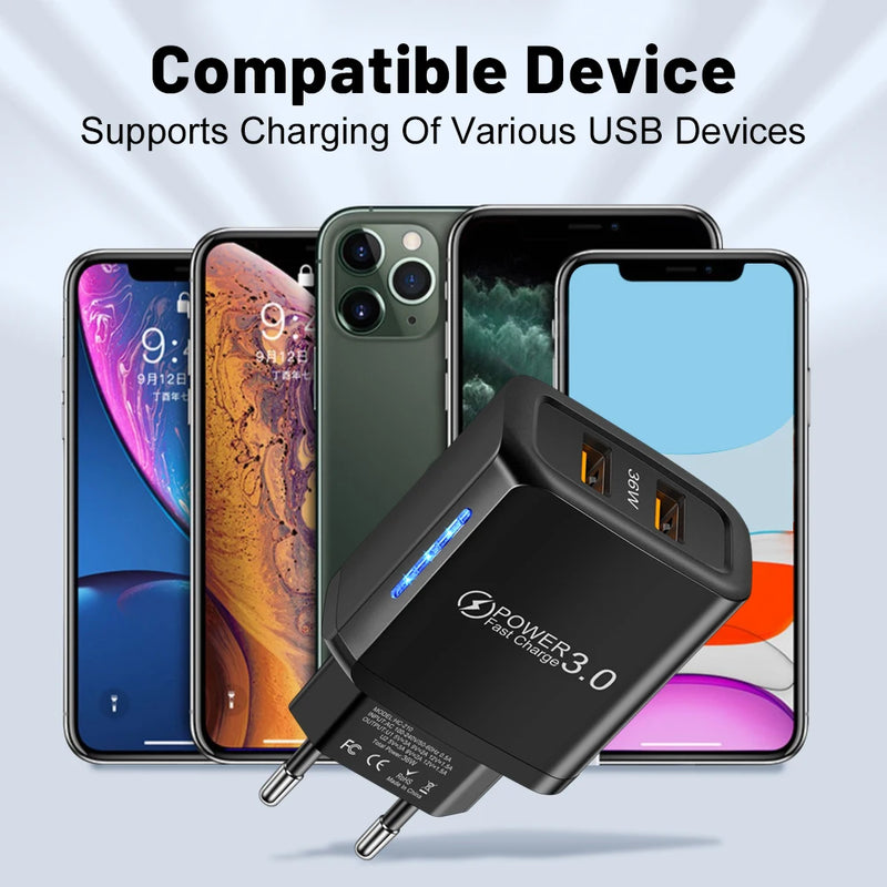 USB Charger 36W LED Fast Charging Charger 2 Ports Quick Charge 3.0 Mobile Phone Charger Adapter For iPhone Samsung Xiaomi Huawei