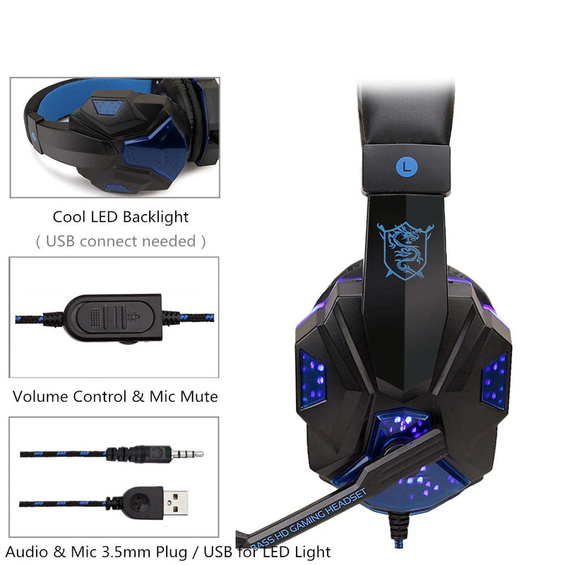 Stereo Gaming Headset Deep Bass Computer Game Headphones Earphone with LED Light Microphone Noise Cancelling for PC Laptop