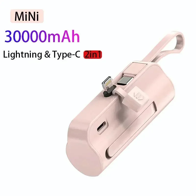 Spare Power Banks, 30000mAh Mini Power Bank with Built-in Cable Portable Charger for iPhone Samsung Xiaomi pink