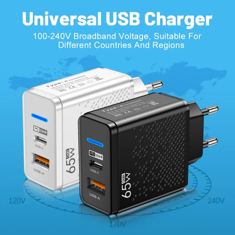 65W GaN Chargers Mobile Phone Charger Adapter USB Type C portable charger for Samsung IPhone Xiaomi EU US UK Specification Plugs