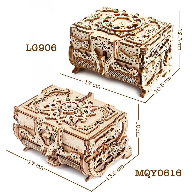 URY 3D Wooden Puzzle Antique Treasure Box Dressing Case DIY Game Advanced Assembly Model Toys Creative Gift for Lady Girls