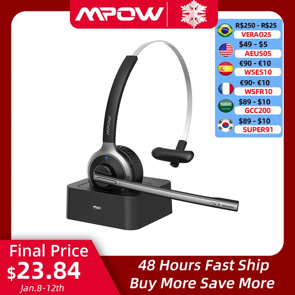 Mpow M5 Pro Bluetooth 5.0 Headphones with Mic Charging Base Wireless Headset for PC Laptop Call Center Office 18H Talking Time