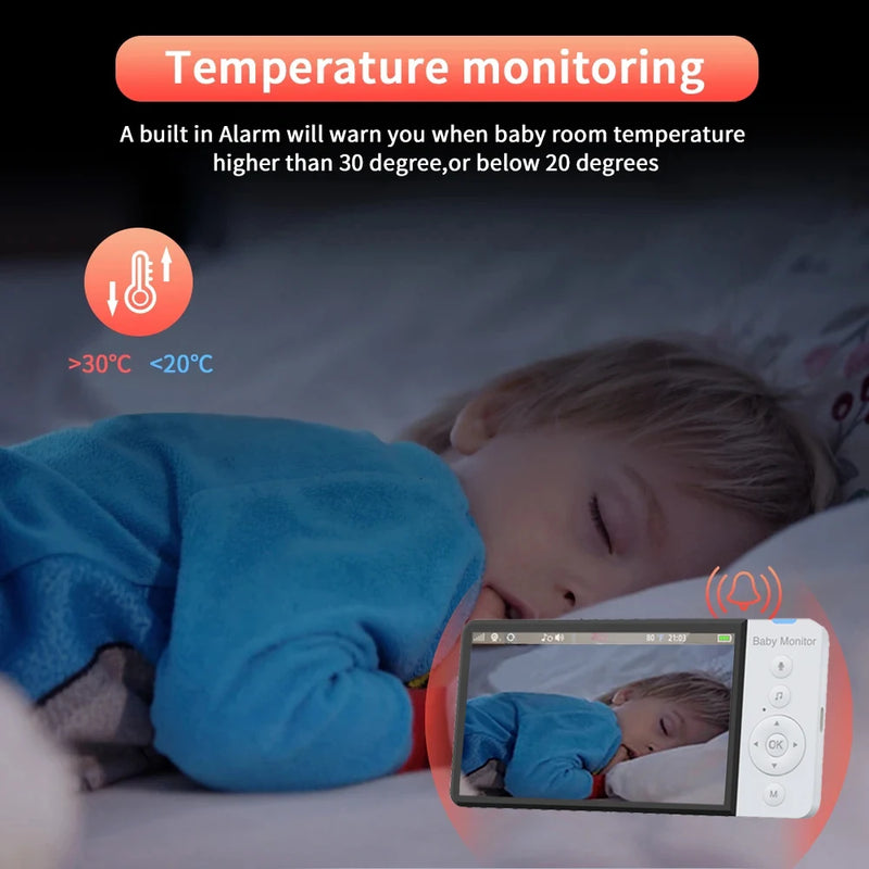 5''IPS Screen Baby Monitor With 720P HD Camera Wireless Video Nanny Security Night Vision Temperature Sleep Remote 2 Way Audio