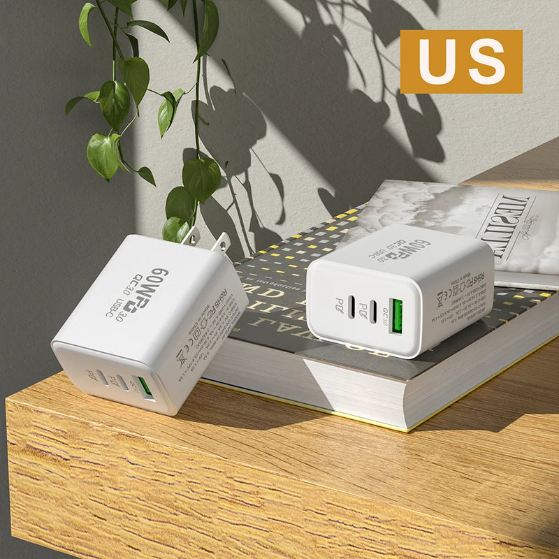 60W USB Type C Charger Quick Charge 3.0 Mobile Phone 3Ports Wall Fast PD Charger Adapter For iPhone 14 13 Samsung Xiaomi Poco f3