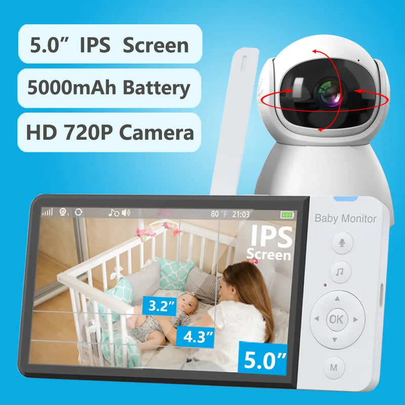 5''IPS Screen Baby Monitor With 720P HD Camera Wireless Video Nanny Security Night Vision Temperature Sleep Remote 2 Way Audio