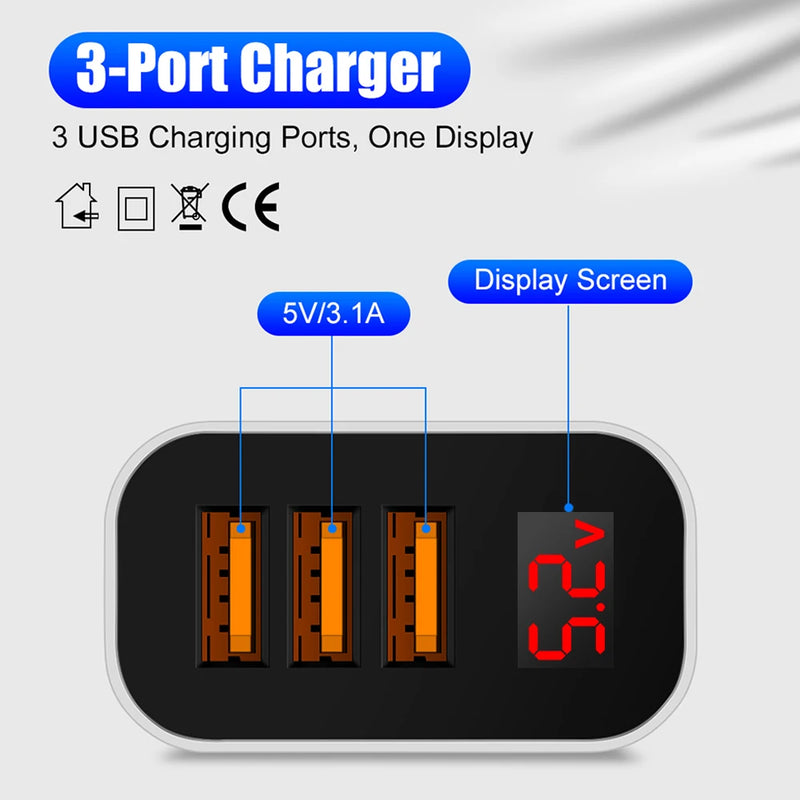 3 Ports USB Charger with LED Digital Display Quick Charging 3.0 Wall Charger Mobile Cell Phone Fast Charging Adapter for Xiaomi