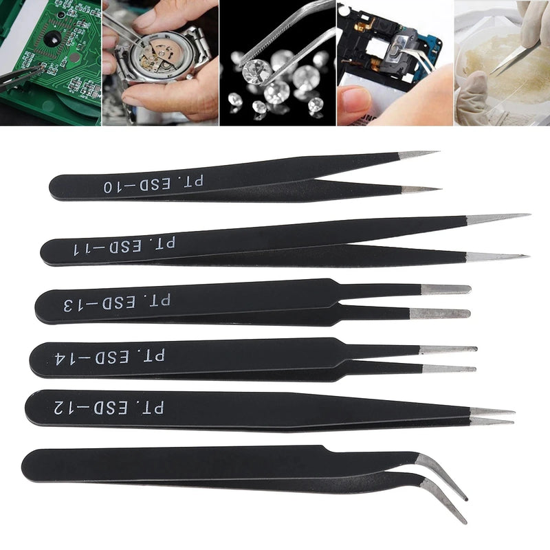 6Pcs Precision Tweezers Set ESD Anti-Static Stainless Steel Tweezers Repair Tools for Electronics Repair Soldering Craft Tools