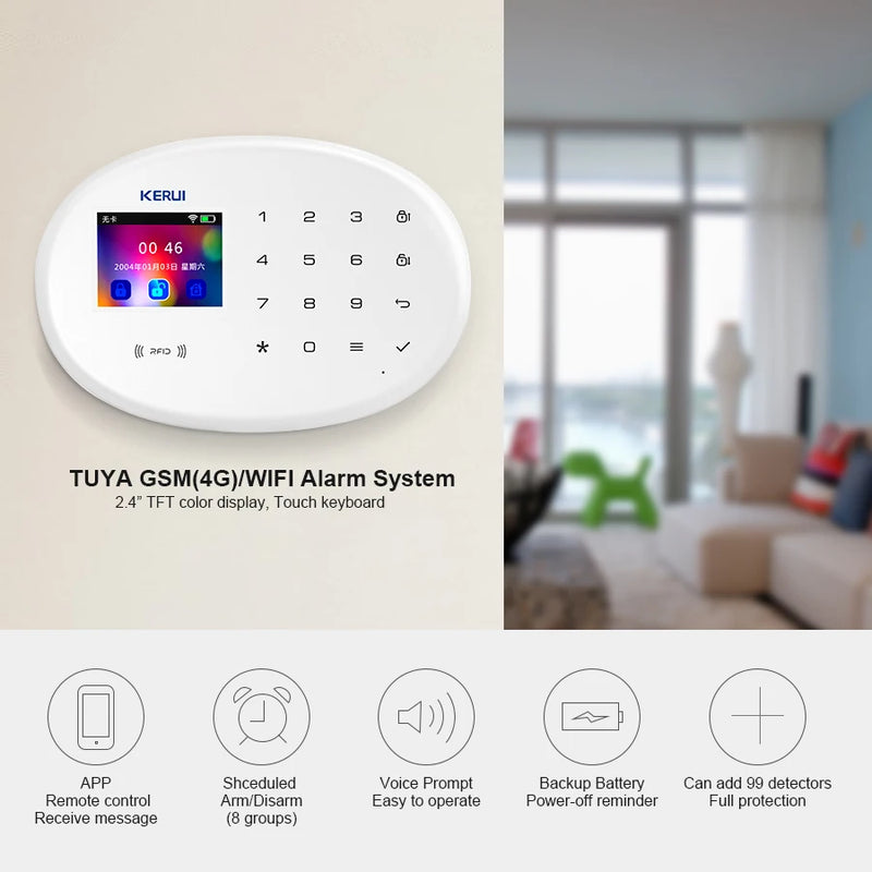 Kerui Tuya 4G W204 Wireless Wifi GSM Home Alarm GSM SMS Burglar Alarm System For Home Security Alarm Tuya Camera Solar Siren