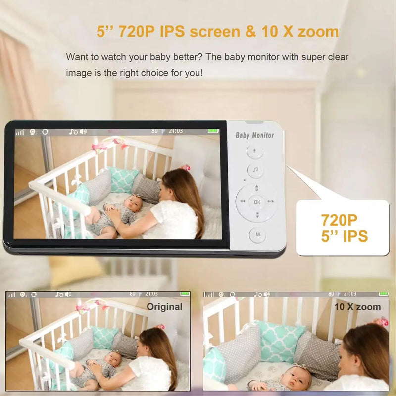 5''IPS Screen Baby Monitor With 720P HD Camera Wireless Video Nanny Security Night Vision Temperature Sleep Remote 2 Way Audio