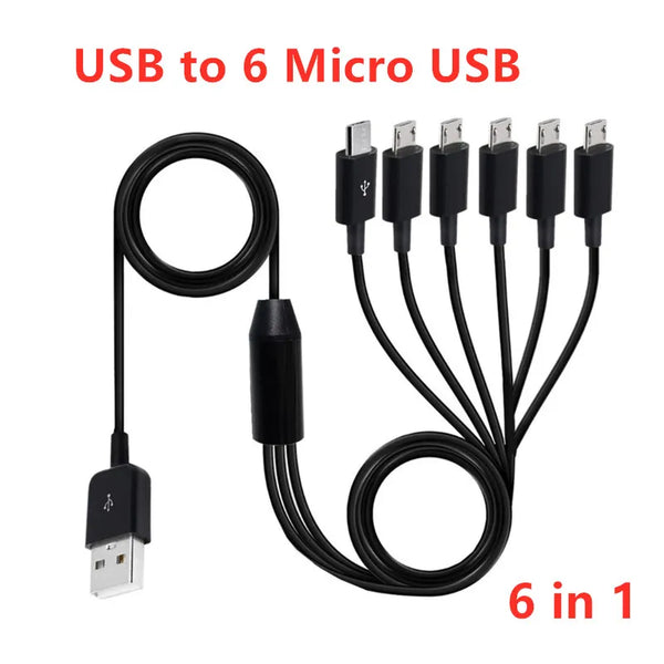6 in 1 USB 2.0 Type A Male to 6 Micro USB Male Splitter Y Charging Data Sync Cord Charge Power Cable for Phone Tablet