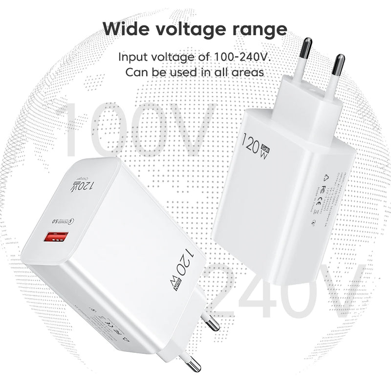 120W USB Charger Fast Charging QC3.0 USB C Cable Type C Cable Mobile Phone Charger For iPhone Huawei Samsung Xiaomi Quick Charge