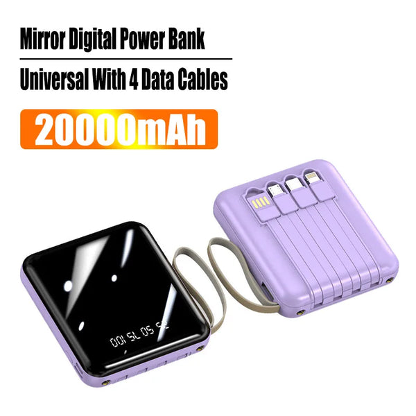 Large Capacity Mirrored Power Bank 20000mah Portable Charger Fast Charge Powerbank with 4 Charging Cables Mobile Power Banks