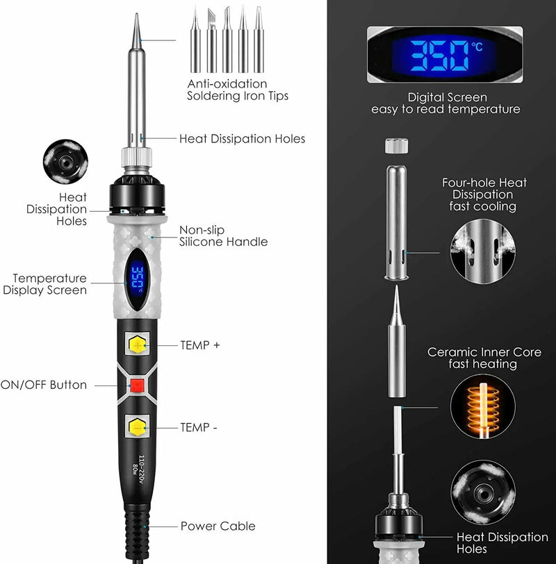 80W Electric Soldering Iron Digital Internal Thermal Ceramic Heating Electronic Welding Tools With 5pcs Soldering Iron Head Set