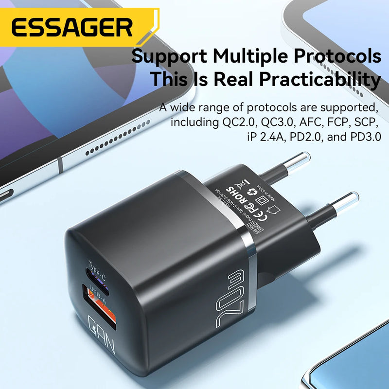 Essager 20W GaN PD USB C Charger for iPhone 14 13 12 11 Pro Max mini SE Phone QC3.0 PD 3.0 USB Type C Fast Charging for iPad Air