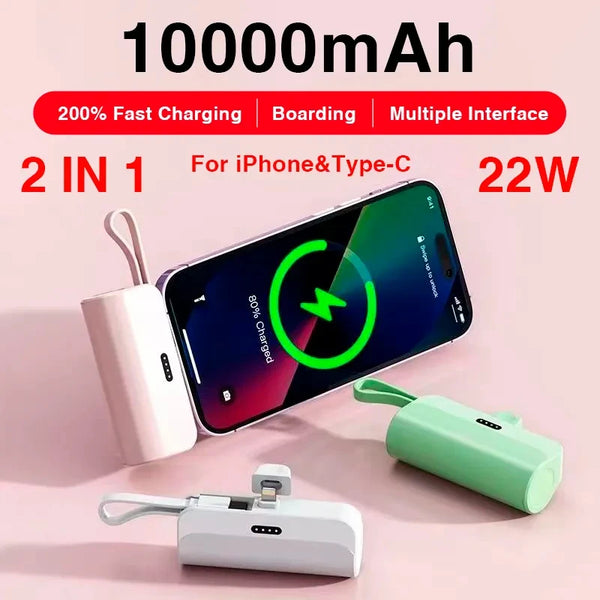 Mini Portable Charger 10000mAh Built in Cable IOS Type-C External Battery Power Bank Spare Power Banks For iPhone Samsung Xiaomi