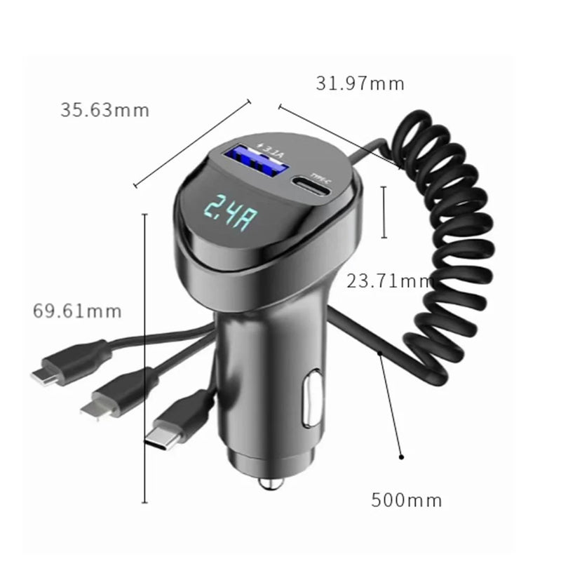 55W 2 Ports USB Fast Car Phone Charger 3.1A with Voltage Display Car Three In One USB Retractable Charging Cable