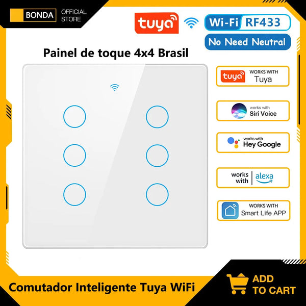 Tuya Wifi Smart Touch Switch Light Brazil 4*4 No Neutral Wire 4/6 Gang RF433 Remote On Off Light Smart Life Alexa Google Home