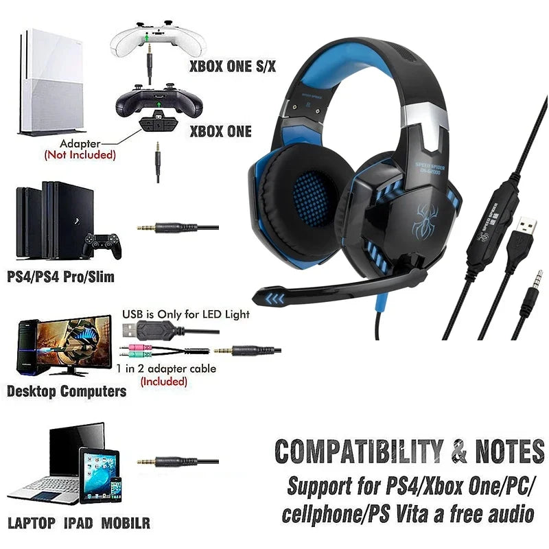 G2000 Gaming Headsets Big Headphones with Light Mic Stereo Earphones Deep Bass for PC Computer Gamer Laptop PS4 New X-BOX