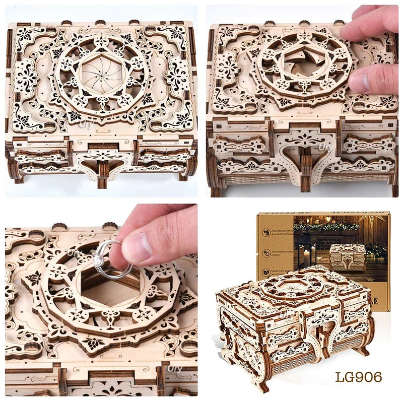 URY 3D Wooden Puzzle Antique Treasure Box Dressing Case DIY Game Advanced Assembly Model Toys Creative Gift for Lady Girls