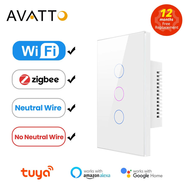 AVATTO Tuya WiFi/Zigbee Smart Light Switch, Neutral Wire/No Neutral Wire Required Wall Touch Switch Work with Alexa, Google Home