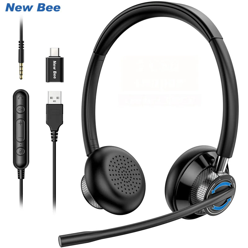 New Bee USB Headset with Mic Mute for PC 3.5mm Business Headphones with Rotatable Microphone Noise Cancelling for Call Center