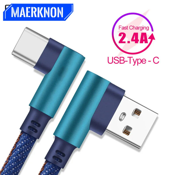 2.4A Type C Cable for Samsung S8 S9 S10 Plus Huawei 90 Degree Denim USB C Mobile Phone Cables Fast Charging Charger Adapter Cord