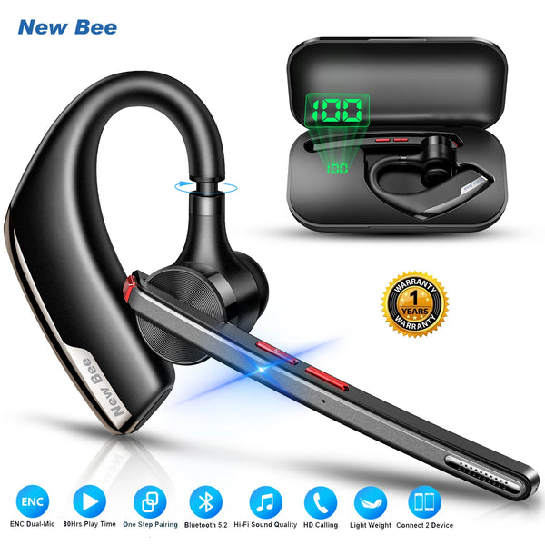 New Bee M51 Wireless Bluetooth Headset Earphones 5.2 Headphone with Dual-Mic CVC8.0 Noise Cancelling Handsfree Business Earbuds