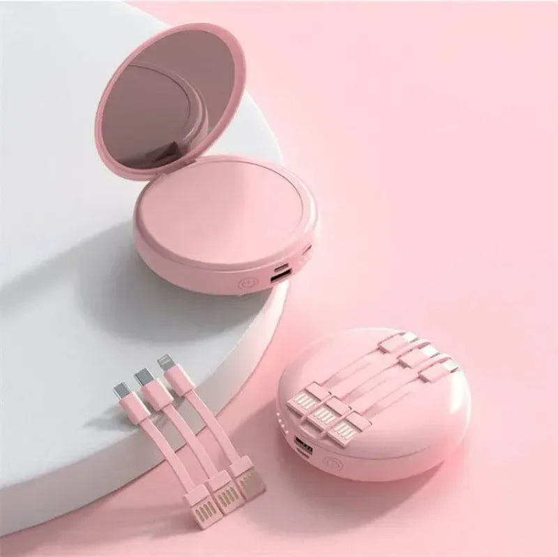 Round Makeup Mirror Power Bank with 3 Built-in Data Cables 5000mAh Power Banks Mini Portable Mobile Power Supply Universal