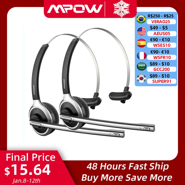 1/2 pack Mpow M5 Bluetooth V5.0 Headset Wireless Truck Driver Headphones Hands-free Call Headset with Mic for Call Center Office