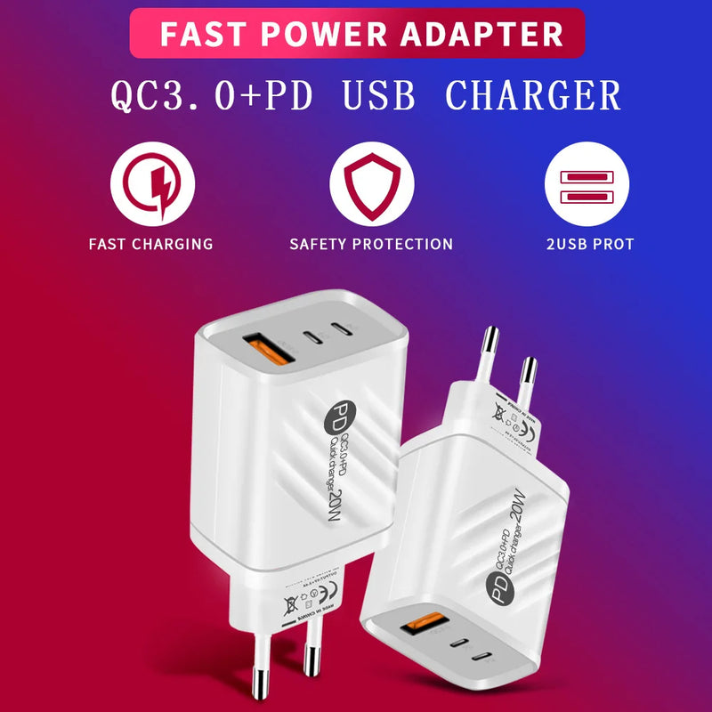 Double PD 20W Fast Charge Usb C Charger For Xiaomi 12 Pro Charger Cell Phone For Iphone 12 13 Pro QC 3.0 Mobile Phones Adapter