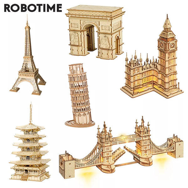 Robotime 3D Wooden Puzzle Game Big Ben Tower Bridge Pagoda Building Model Toys For Children Kids Birthday Gift